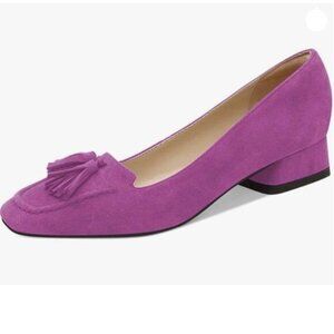 YDN Women Chunky Block Low Heel Loafers Square Toe Tassel Fringed Pumps Violet